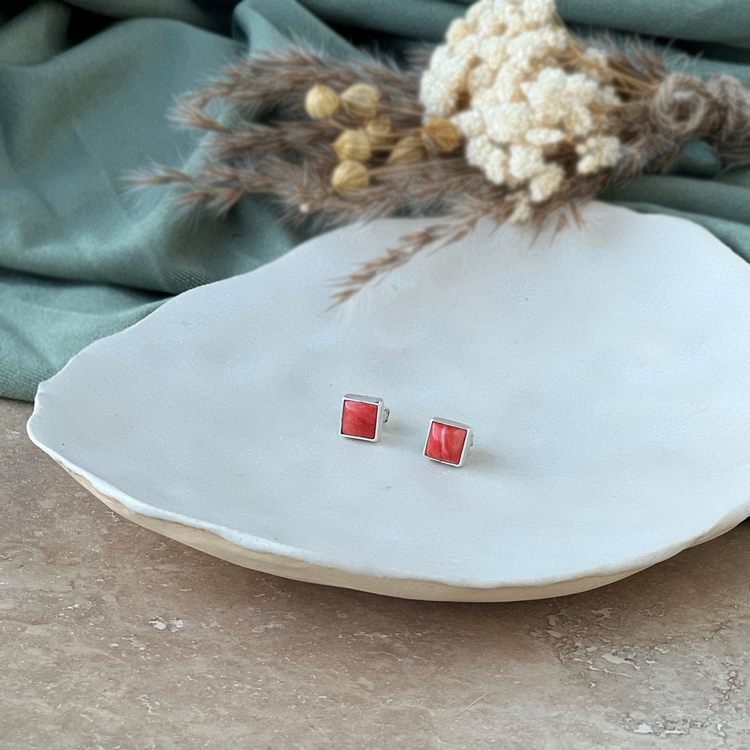Spiny Oyster & Sterling Silver Studs - Square