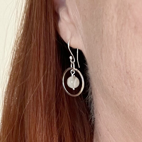 Moonstone Sterling Silver Hoops worn on ear