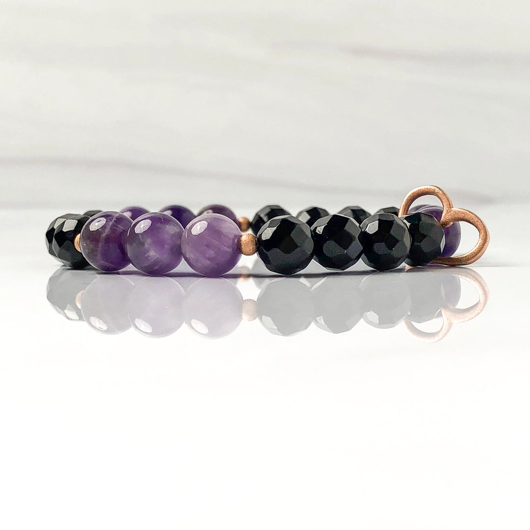 Semi-precious Gemstone Amethyst & Black Onyx Bracelet, 14KT Rose-Gold Open Heart Charm, 8mm Beads, Front view