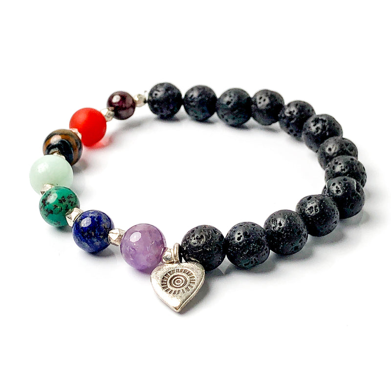 Semi-precious Gemstone 7 Chakra Bracelet, Hill Tribes Silver Heart Charm, Lava Stone Bracelet, 8mm Beads, Handcrafted in CA.