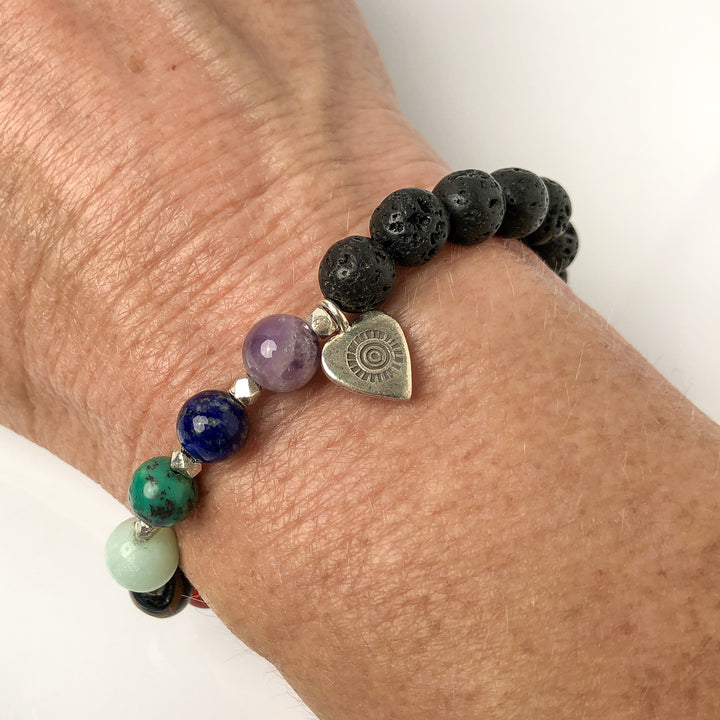 Semi-precious Gemstone 7 Chakra Bracelet, Hill Tribes Silver Heart Charm, Lava Stone Bracelet, 8mm Beads, on wrist