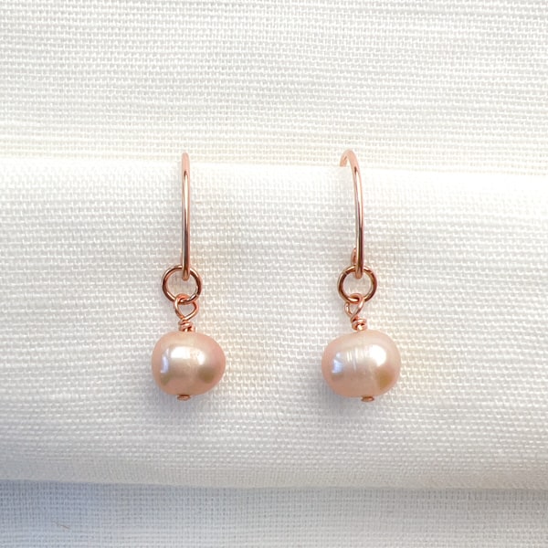 Cultured Freshwater Pearl & 14KT Rose-Gold Filled Earrings; Versatile to wear with a simple chain or a freshwater pearl necklace; Handcrafted in California